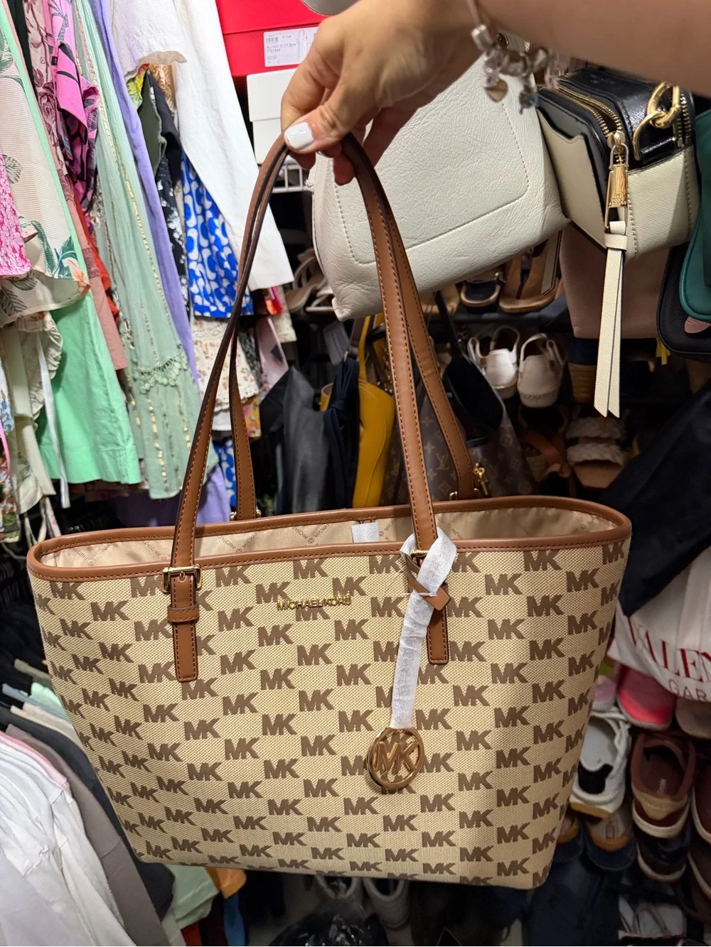 Michael Kors Brown & Beige MK Logo Jacquard Tote
